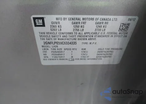 2012 Chevrolet Equinox 2Lt from USA, damaged, VIN 2GNFLPE59C6334335